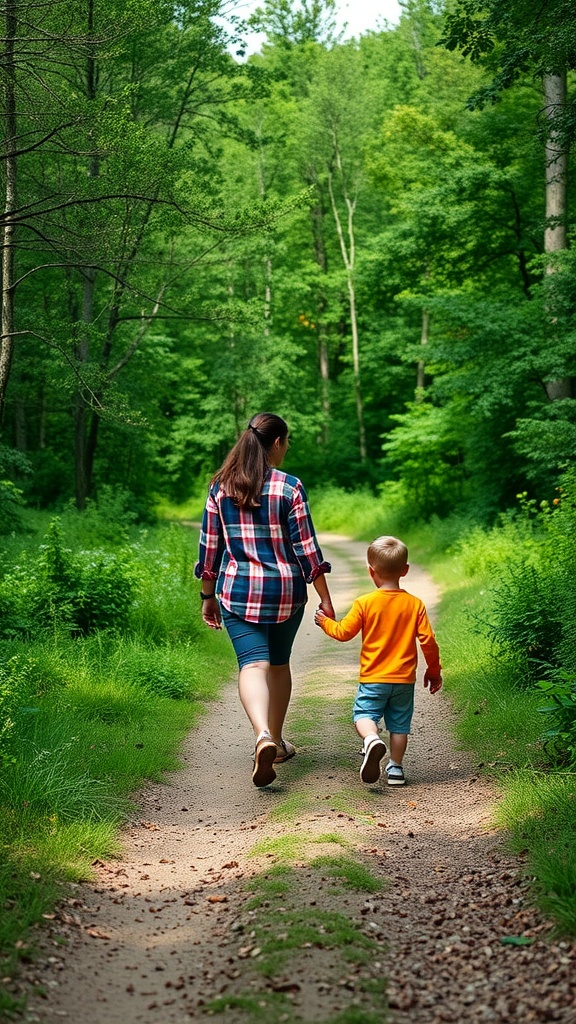 A mother and son walking hand in hand on a nature trail