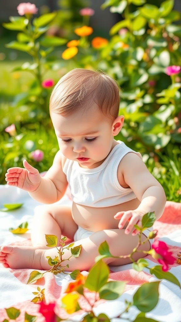 Baby playing with flowers in a garden