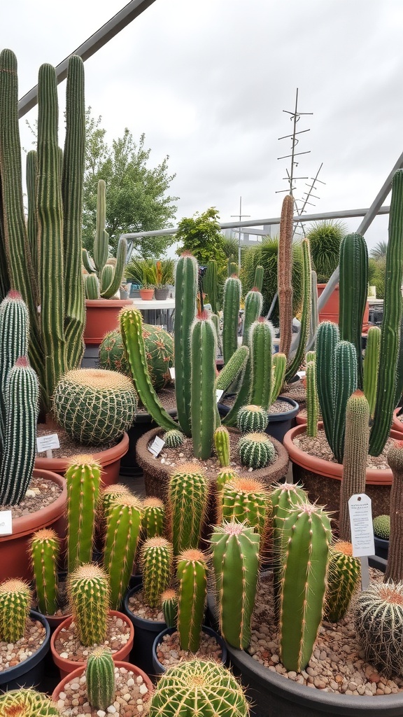 A variety of cacti displayed in pots, showcasing different shapes and sizes.