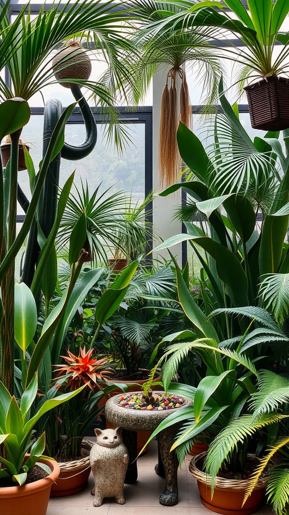 Indoor garden with various types of rare and unusual plants, including palms, bromeliads, and a decorative stone table with colorful stones, accompanied by a cat statue.