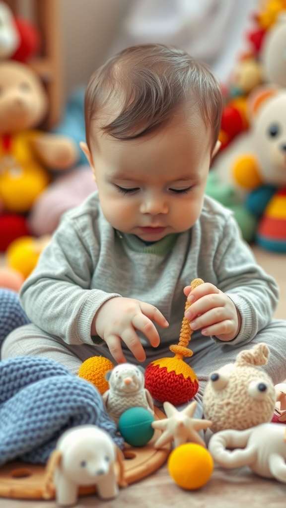 A 5-month-old baby playing with colorful toys on a soft surface.