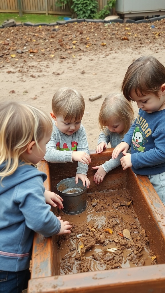 Children playing with mud in a wooden mud kitchen.