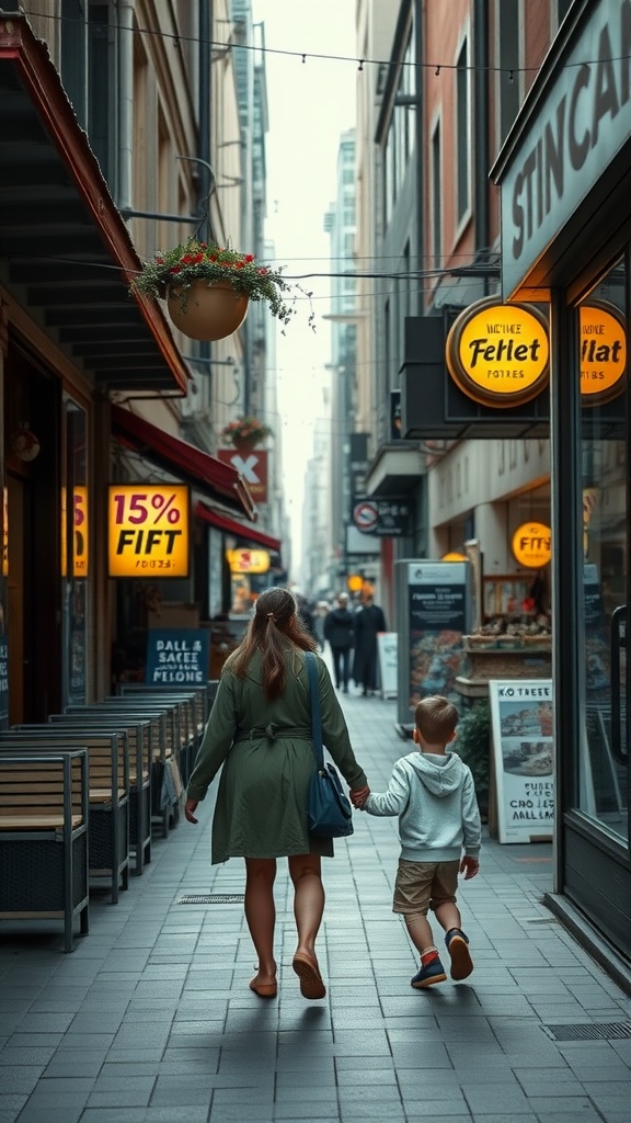 A mother and son walking hand in hand down a lively alley filled with shops.
