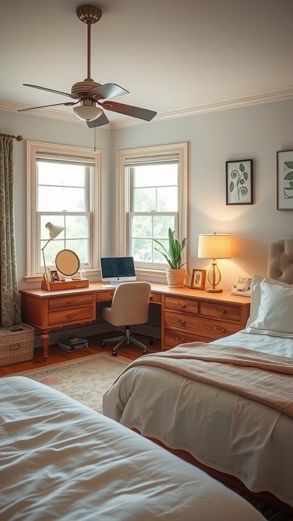 A cozy bedroom with an integrated office space featuring vintage furniture and a warm, inviting atmosphere.