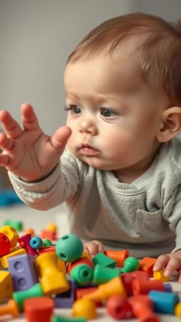 A baby reaching out towards colorful toys on the ground.