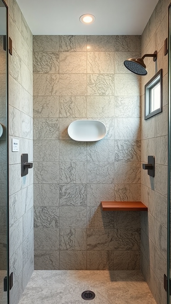 Modern shower with exposed aggregate stone tiles and sleek fixtures