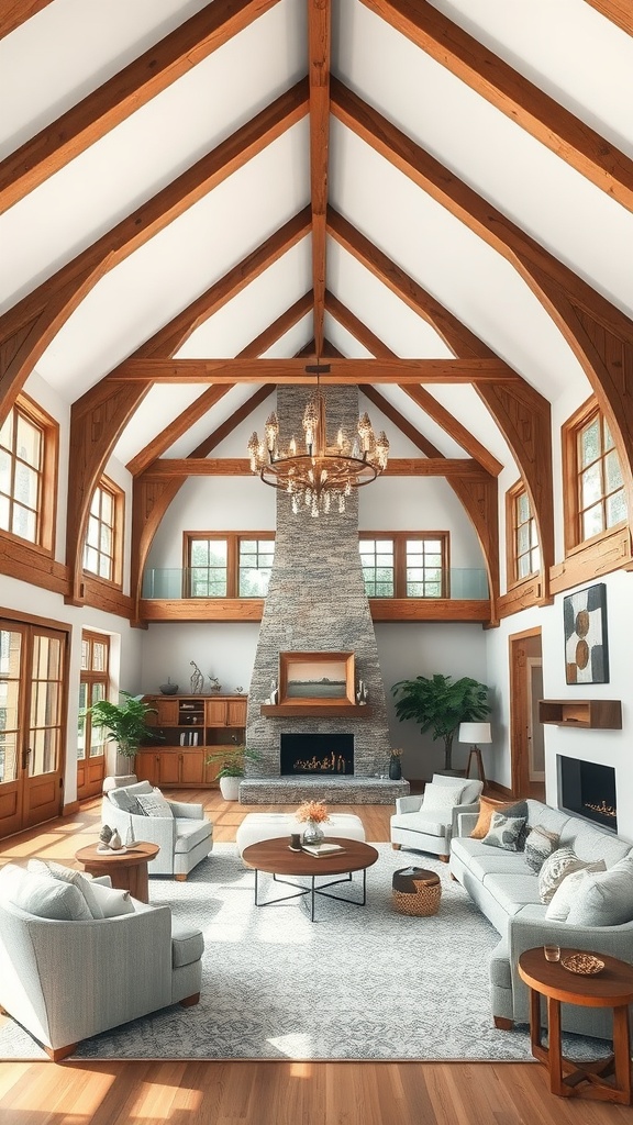 A spacious farmhouse living room featuring exposed wooden beams, vaulted ceilings, and a cozy fireplace.