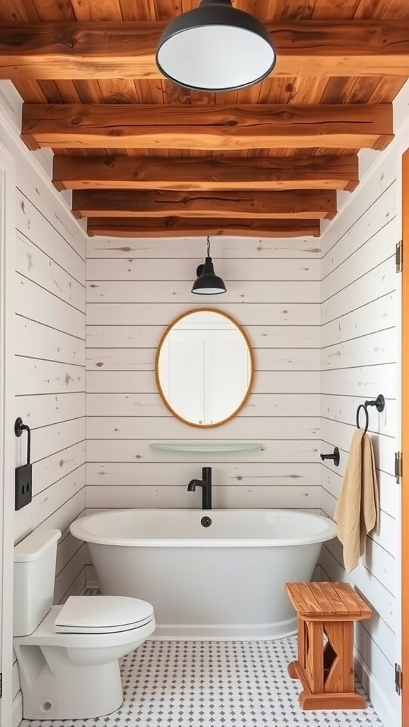 A rustic bathroom featuring exposed wooden beams, shiplap walls, and a freestanding bathtub.