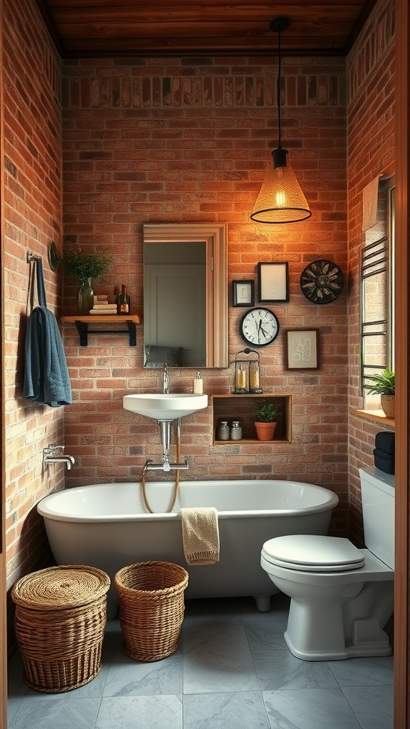 A small rustic bathroom featuring an exposed brick accent wall, a white freestanding tub, and warm lighting.