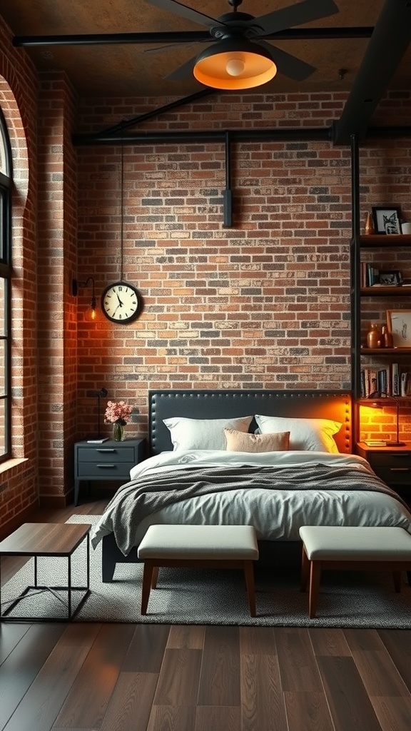 A cozy industrial bedroom featuring exposed brick walls, a dark bed frame, and warm lighting.
