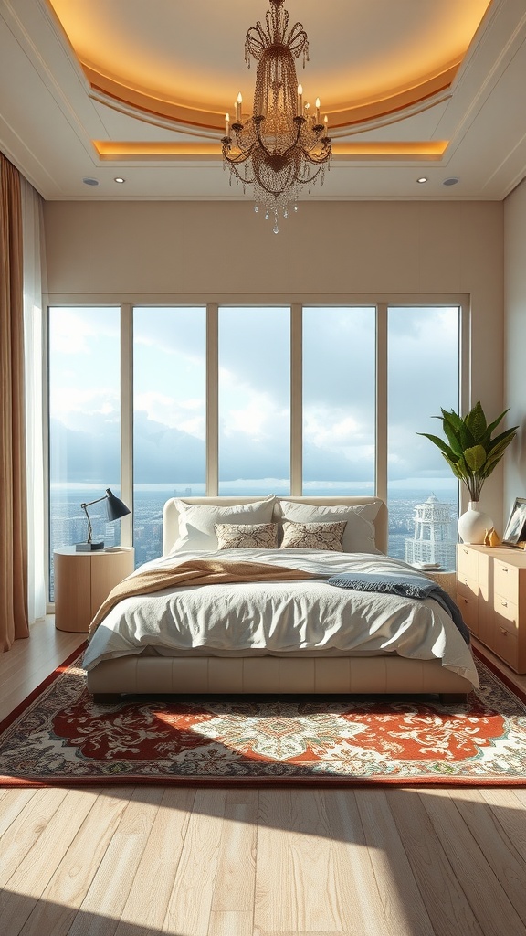 Luxurious bedroom featuring a stylish area rug, elegant chandelier, and large windows with a city view.