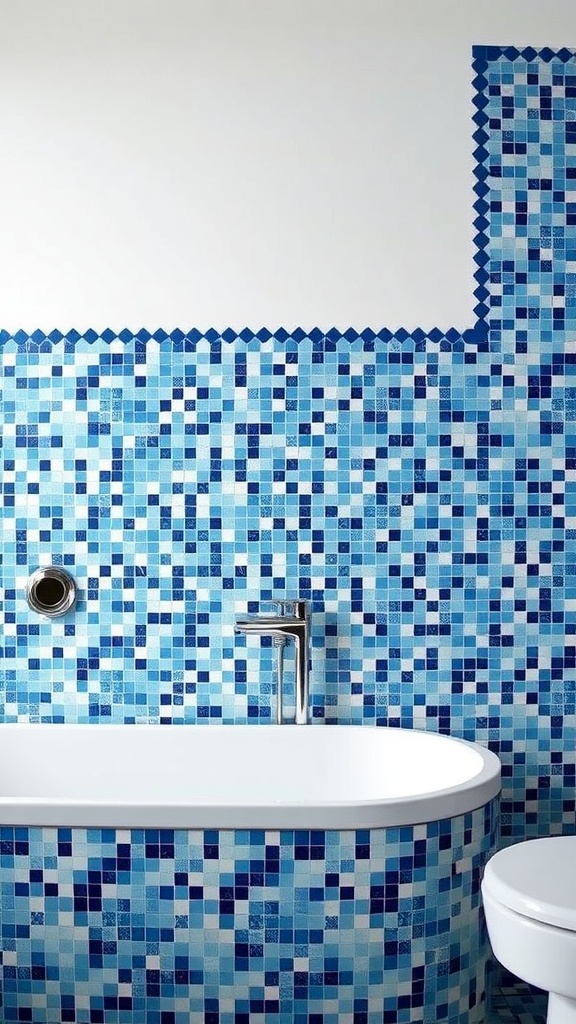 A luxurious bathroom with blue mosaic tiles on the walls and around a white bathtub.