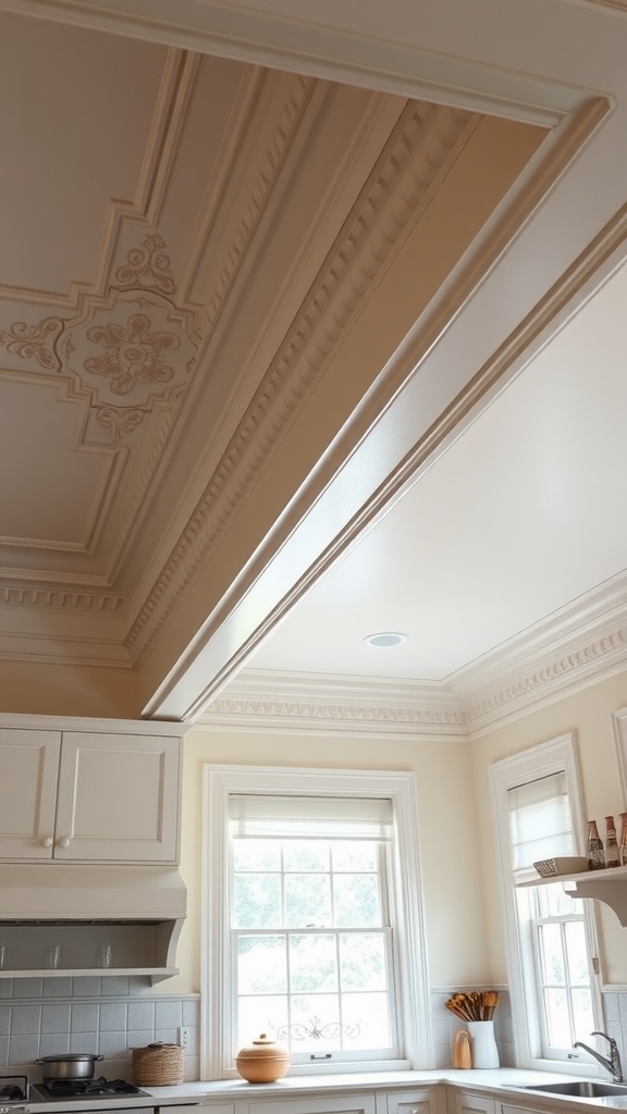 Detailed crown molding in a Victorian-style kitchen.