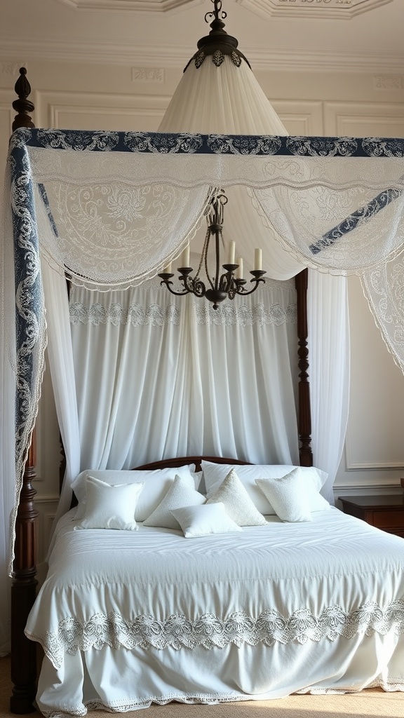 A beautifully designed four-poster bed with a lace canopy and chandelier.