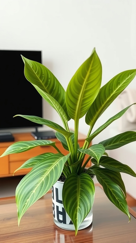 A Calathea plant with vibrant green leaves in a stylish pot on a wooden table.