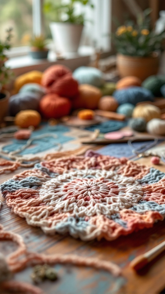 Colorful crochet piece on a wooden table surrounded by yarn.