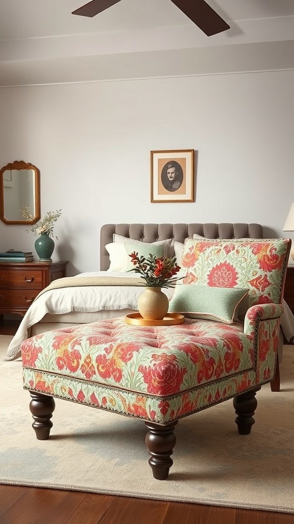 A vibrant fabric-covered ottoman made from a chair, featuring floral patterns and wooden legs, placed in a cozy bedroom.