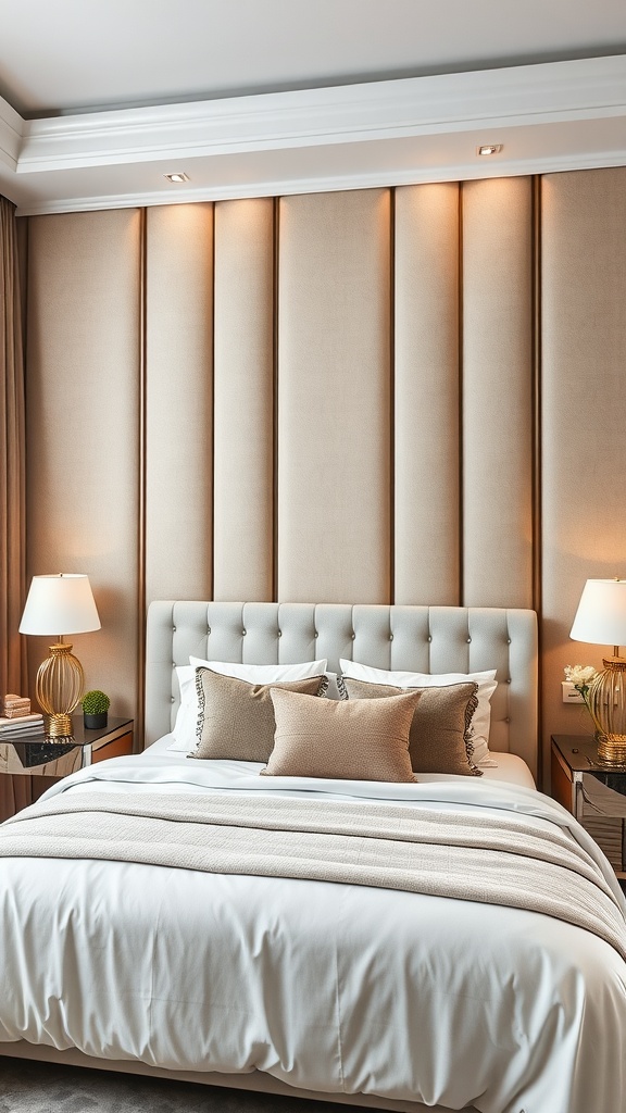 A stylish bedroom featuring fabric-covered wall panels, a plush bed with decorative pillows, and soft lighting.