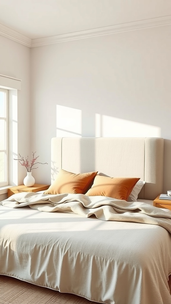 Cozy bedroom featuring a fabric-covered plywood headboard with warm bedding and natural light.