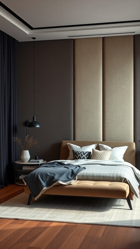 Stylish bedroom featuring fabric panels for acoustic balance