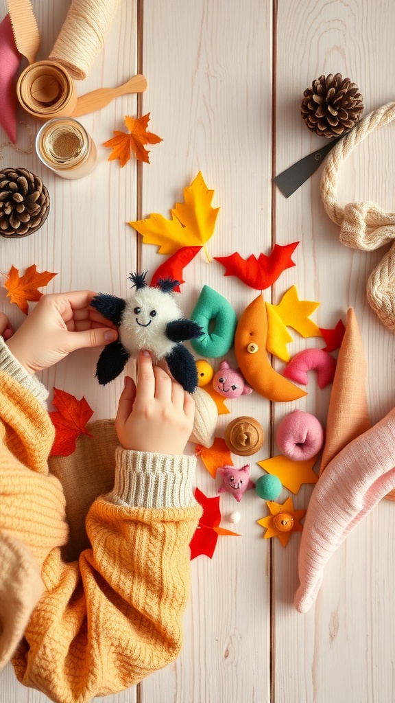 A toddler's hands holding a cute fabric creature surrounded by colorful fabric scraps and autumn leaves.