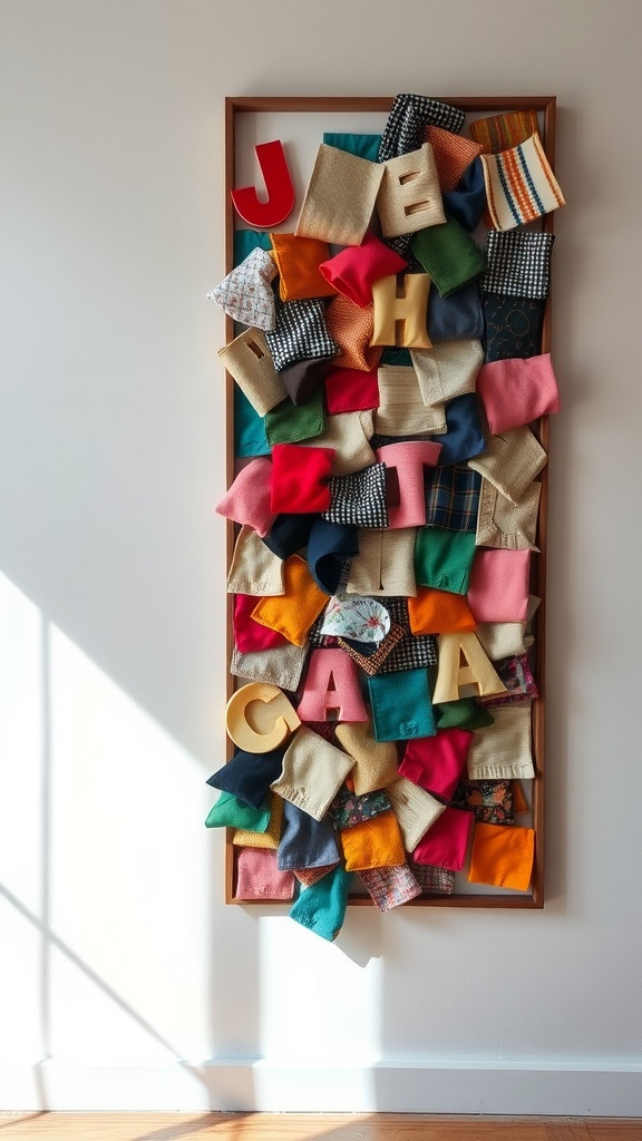 Colorful fabric scrap wall art with letters in a frame.