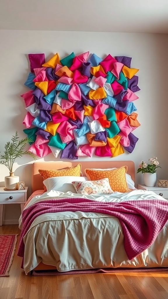 Colorful fabric scrap wall art displayed above a bed