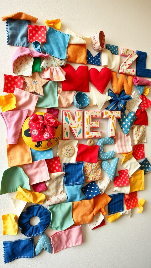 A colorful fabric scrap wall collage featuring various shapes and letters.