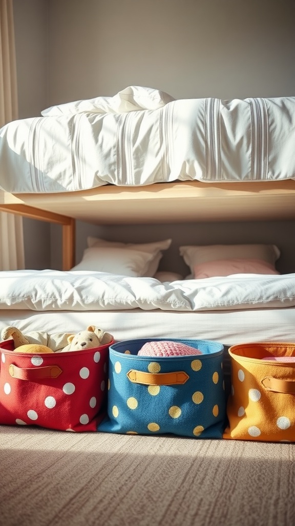 Colorful fabric storage bags with handles placed under a bed, showcasing an organized space.