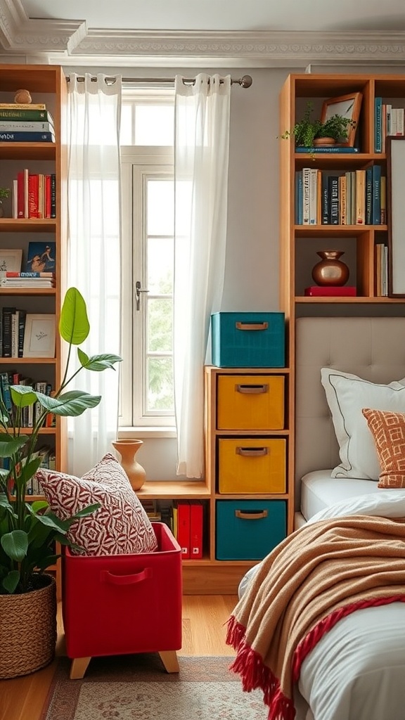 A cozy living room with colorful fabric storage bins, bookshelves, and a plant.