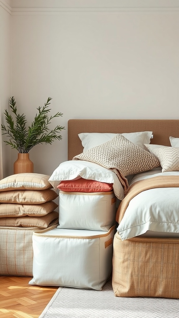 Cozy bedroom corner featuring fabric storage cubes and neatly arranged soft items.