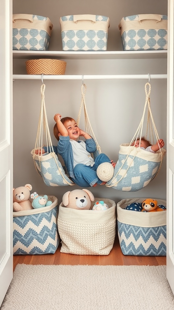 A kids closet showcasing fabric storage solutions for soft toys, with children playing in hanging baskets and various fabric bins