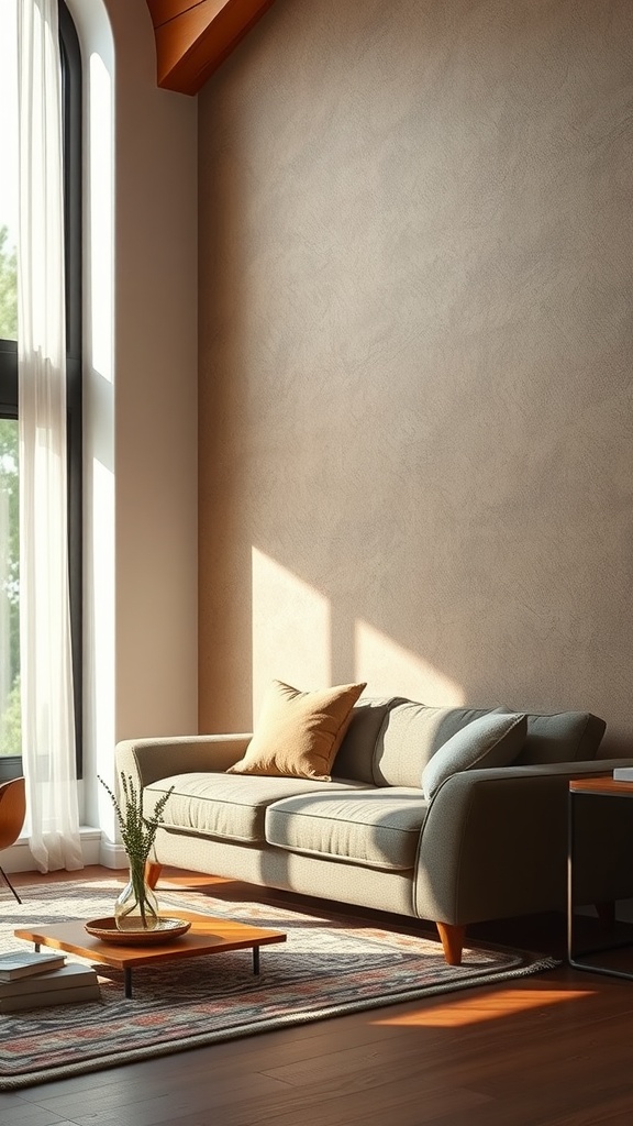 Cozy living room with a fabric upholstered wall and minimalist decor.