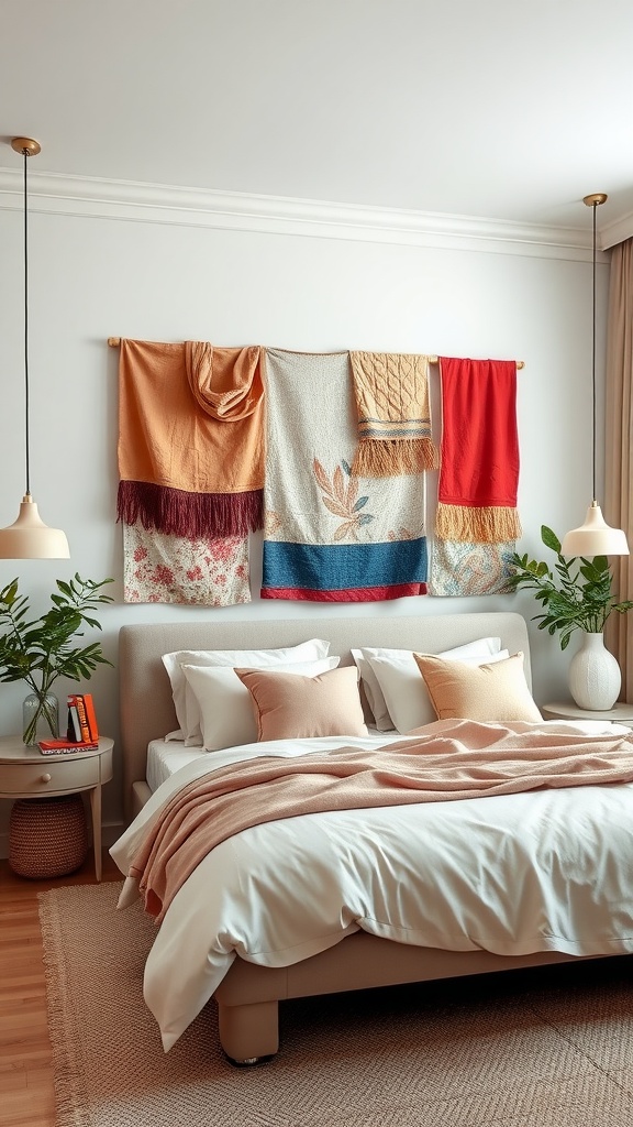 A collection of colorful fabrics hanging as wall art above a cozy bed.