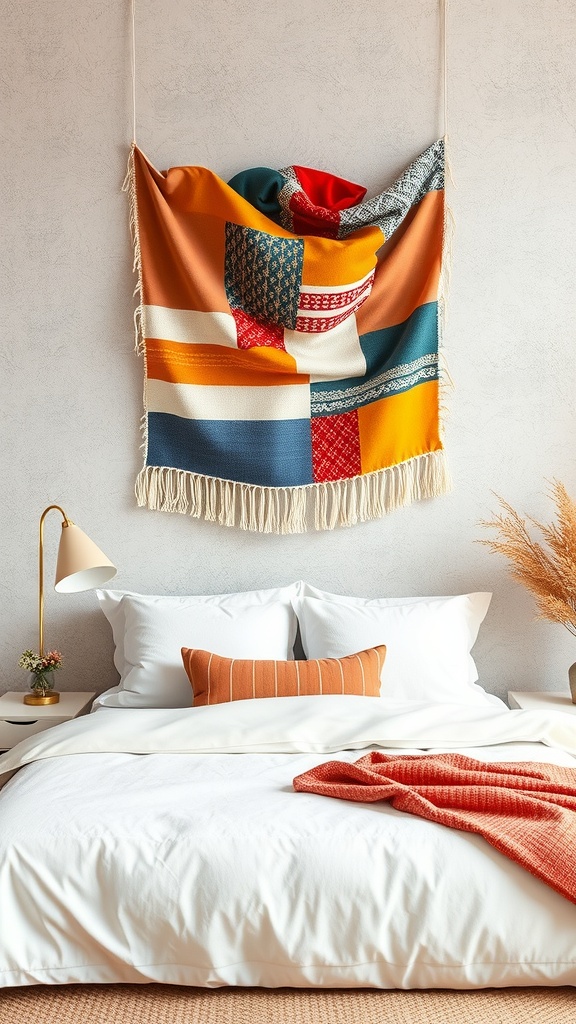 A colorful patchwork fabric hanging on a wall above a bed, adding warmth and texture to the room.