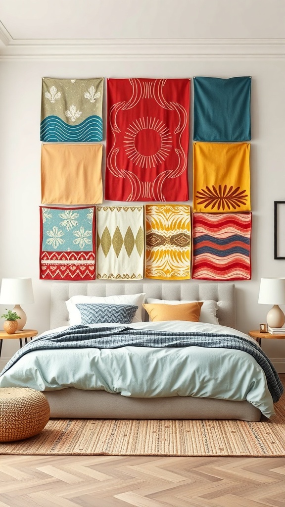 Colorful fabric wall art panels arranged above a bed, featuring various patterns and colors.