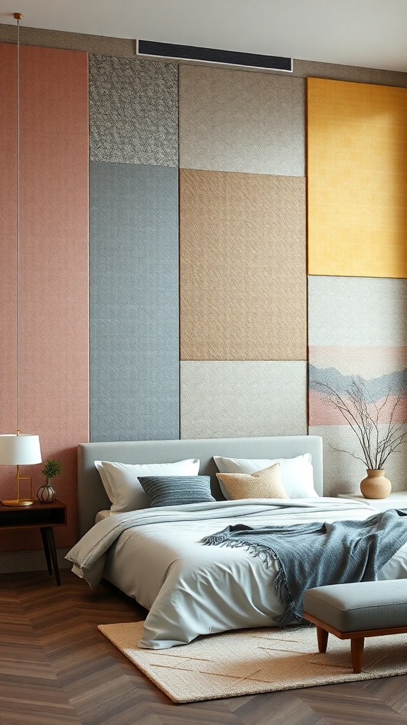 Cozy bedroom with colorful fabric wall panels in a patchwork design