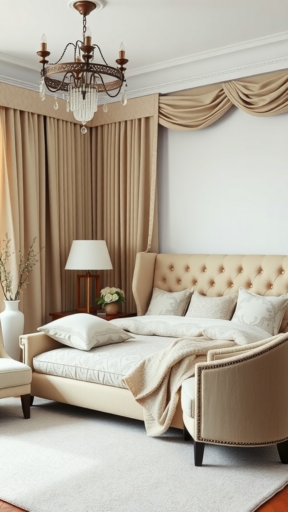 A stylish bedroom featuring a beige upholstered bed, matching curtains, and elegant decor.