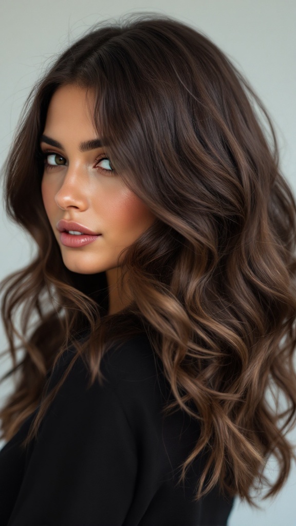 A woman with medium-length hair styled with face-framing layers and loose waves.