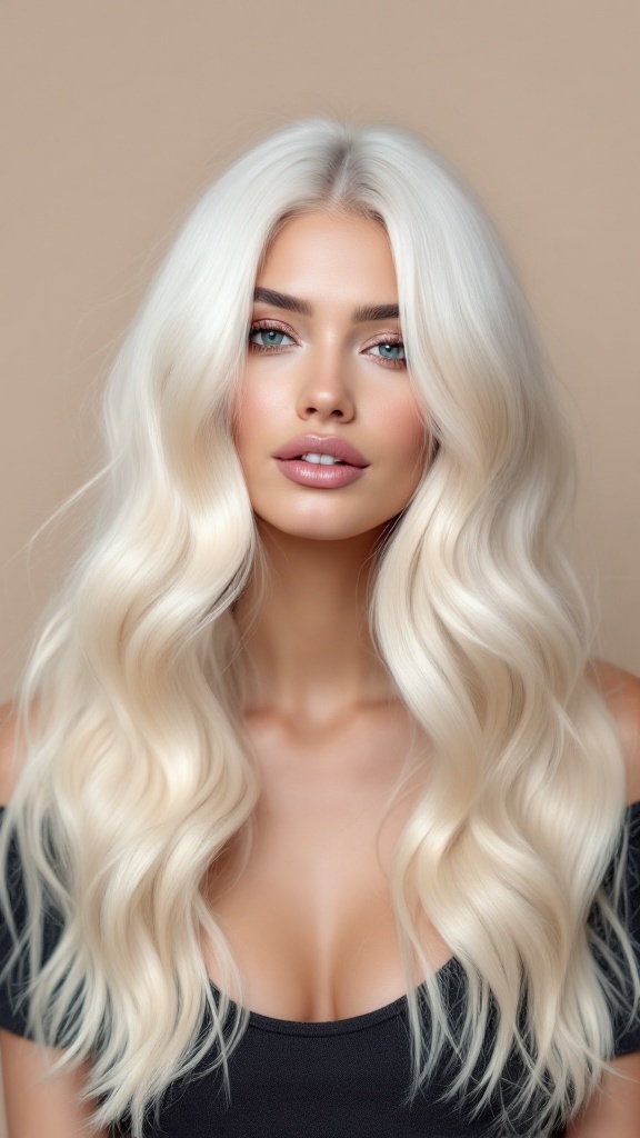 A model showcasing platinum blonde balayage with soft waves.