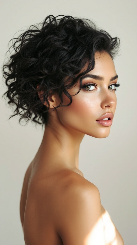 A model with a medium butterfly cut hairstyle featuring soft curls.