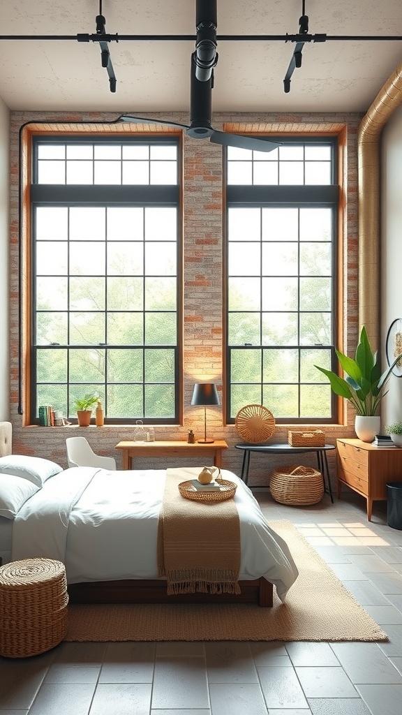 A bedroom featuring factory-style windows with a brick wall and wooden furniture.
