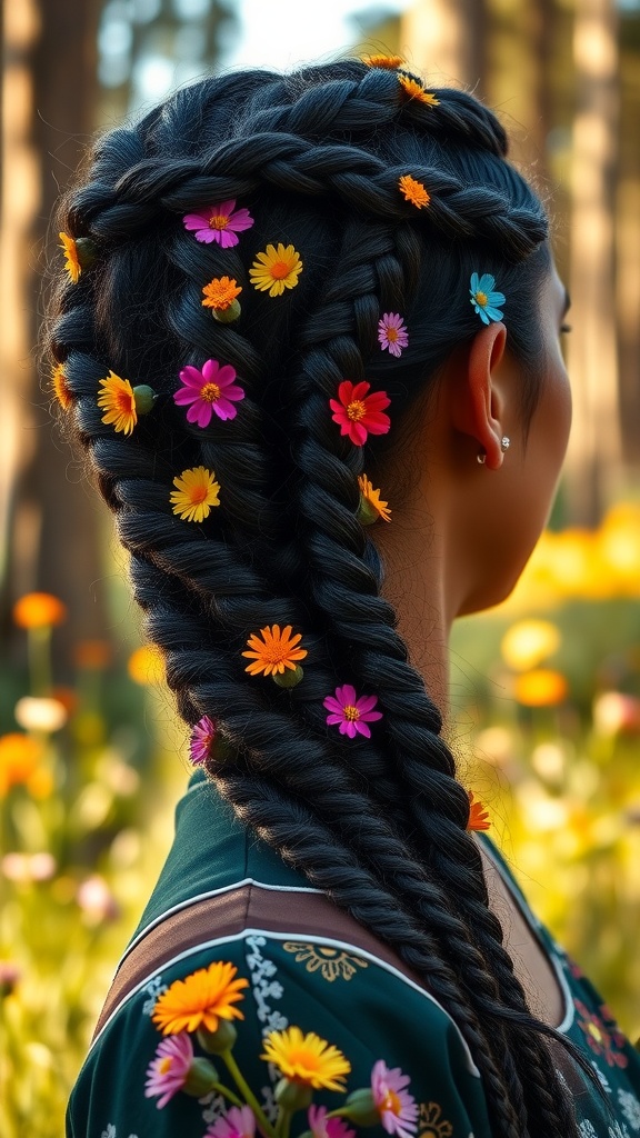A woman with beautifully braided hair adorned with colorful flowers, set against a serene natural background.