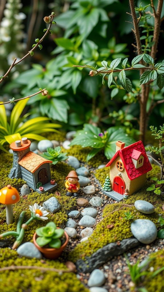 A colorful fairy garden featuring miniature houses, a character, and decorative plants.