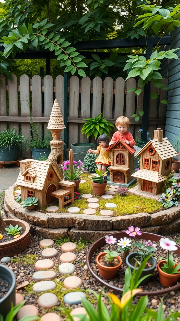 A vibrant fairy garden featuring miniature houses, plants, and child-like figures.