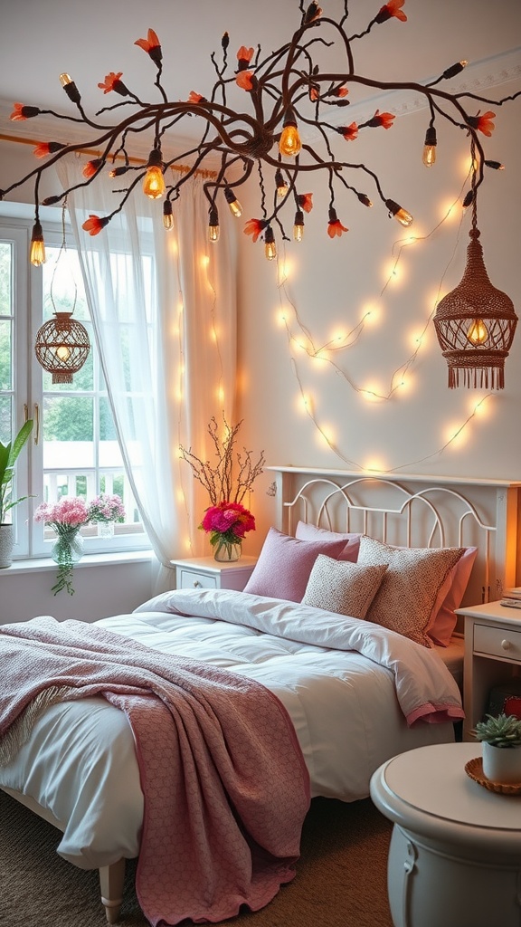 A cozy preschooler bedroom featuring a bed with soft bedding, whimsical fairy lights, and flower-themed decor.