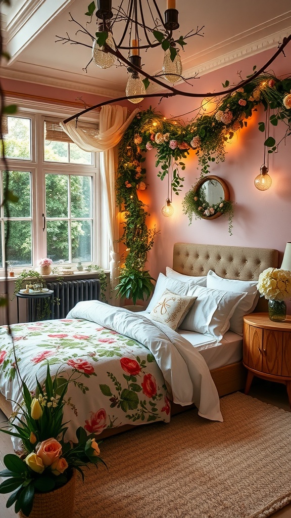 A cozy kids bedroom with floral bedding, pink walls, and greenery decor, creating a fairy garden vibe.