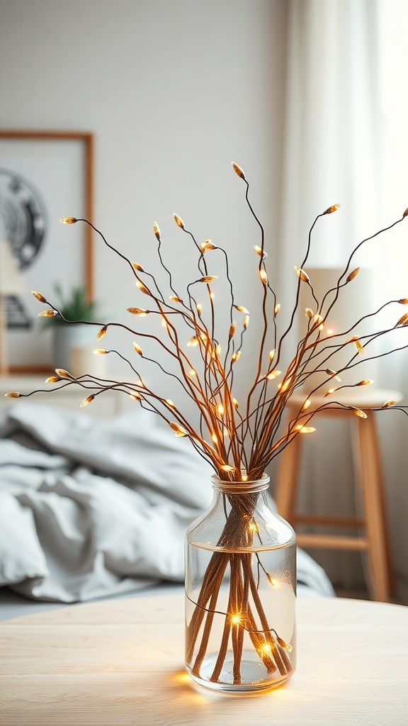 A vase with twigs and fairy lights creating a cozy bedroom atmosphere.