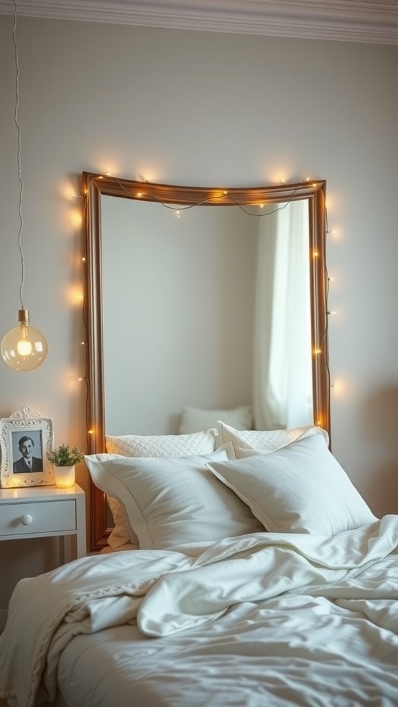 A mirror surrounded by fairy lights in a cozy bedroom setting.
