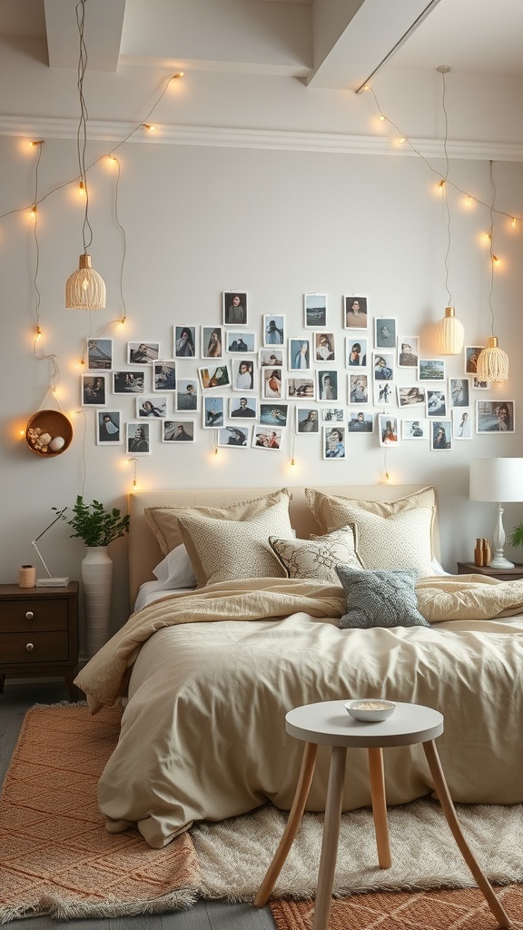 A cozy bedroom with a photo wall decorated with fairy lights and personal pictures.